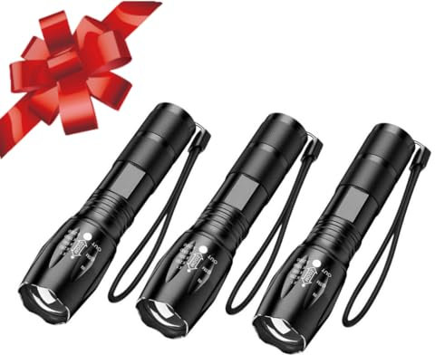 MODOAO Linterna LED Táctica, Linterna Super Brillante, Enfoque Zoom, Uso Interior y Exterior, 5 Modos de Iluminación, Adecuada para Camping, Senderismo(3 Piezas)