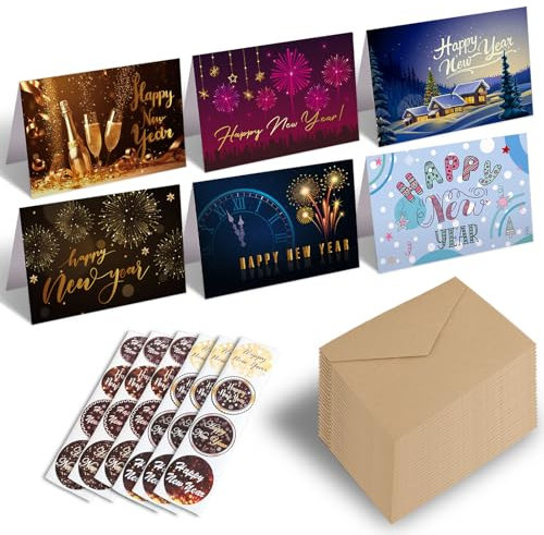 24 Pack Happy New Year Cards 2025, Multipack New Year Greeting Cards with Envelopes and Happy New Year Stickers, 2025 Bulk Assortment New Years Eve Card for Families Friend Colleagues