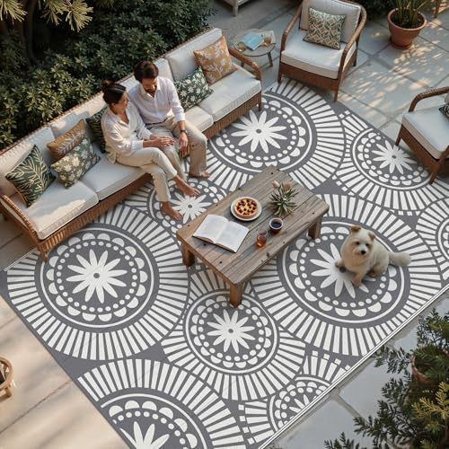 Ileading Outdoor-Strohteppich aus Kunststoff, 2,4 x 3 m, moderner geometrischer Stil, wendbar, wasserdicht, fusselfrei, tragbare Teppiche für Wohnmobil, Außendeck, Pool, Strand, Picknick, Camping