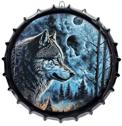 Blechschild Kronkorken Wolf Inferno Vollmond Feuer 42 cm - Fantasy Wand Deko Schild Metallschild Gothic Blech Metall