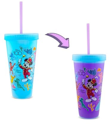 Disney Gobelet de voyage en plastique à couleur changeante pour 100e anniversaire – Avec paille réutilisable et couvercle étanche – Contenance : 591 ml
