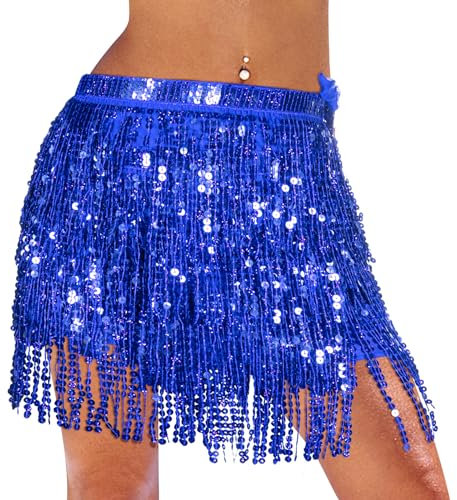 Monbessi Glitzer Rock Damen Pailletten Rock Stilvoll GlitzerRock Karneval FransenRock (Dunkelblau)