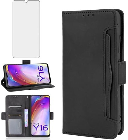 Asuwish Handyhülle für Vivo Y16 4G/Y02S 4G/IQOO Z7i/Y35m/T2X Hülle mit Glas Folie Schutzfolie Kartenfach Klappbar Leder Geldbörse Ständer Panzerfolie Handy Hüllen Schutzhülle Cover Phone Case Schwarz
