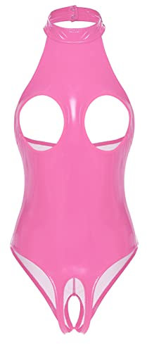 Freebily Latex Donna Sexy Aperto Body in Pelle/Pizzo Monokini Brasiliana Curvy Seno Aperto Reggiseno in Pizzo Perizoma con Buco Tanga T-Back Bodysuit Babydoll Rosa Q M