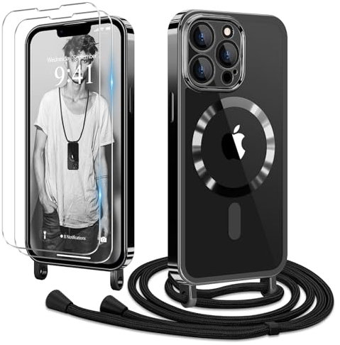 Ethanger Handyband für iPhone 12 Pro Max Hülle mit Band + 2 Stück Glas Schutzfolie Transparent Silikon Handyhülle Magnetische Schutzhülle Case zum Kordel Abnehmbar für iPhone 12 Pro Max Schwarz