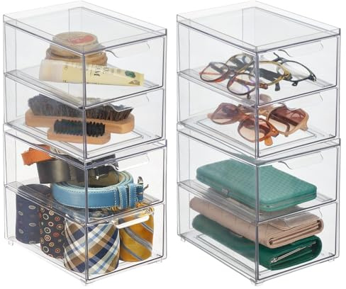 mDesign Aufbewahrungsbox mit Schublade – stabile Schubladenbox aus Kunststoff zur Schuhaufbewahrung – Stapelbox für Schuhe, Accessoires und mehr – 4er-Set – durchsichtig