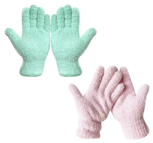 HugeDE 4 Pcs Microfiber Dusting Gloves Reusable Cleaning Mittens Washable Dust Gloves House Kitchen Cleaning Gloves for Plants House Blinds Cyan Pink