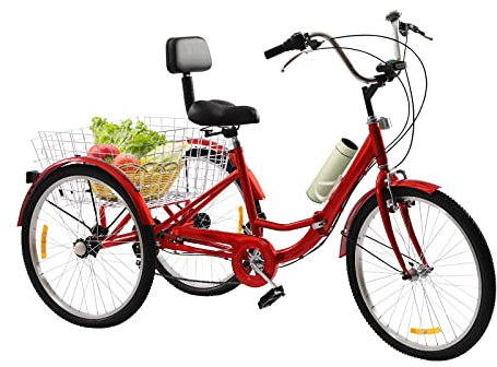 CLEADONG Dreirad für Erwachsene 24 Zoll 3Räder 7-Gang Adult Fahrrad, Outdoor-Dreirad mit LED Licht Gemüsekorb, 3-Rad Erwachsene Bikes Becherhalter Bis 140 Kg, Rot