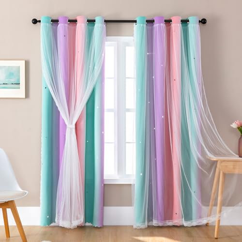 XiDi Blackout Curtains - Stars Cutout Curtains for Bedroom Nursery Girls Kids Living Room Rainbow Drapery with Eyelet for Windows, 2 Panels W34xL63 Inch Pink Purple Green Draperies