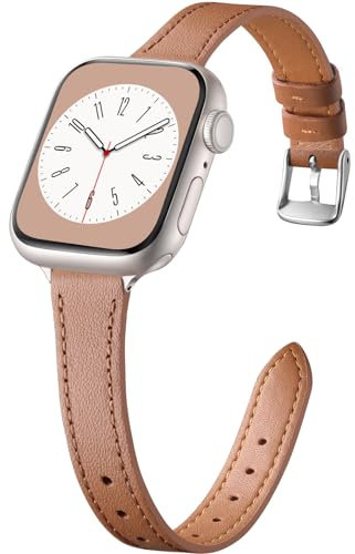 CeMiKa Bracelet Cuir Etroit Compatible avec Bracelet Apple Watch 38mm 40mm 41mm, Bracelet Cuir Fin Véritable pour Apple Watch SE/iWatch Series 10 9 8 7 6 5 4 3, Femmes Hommes, Marron