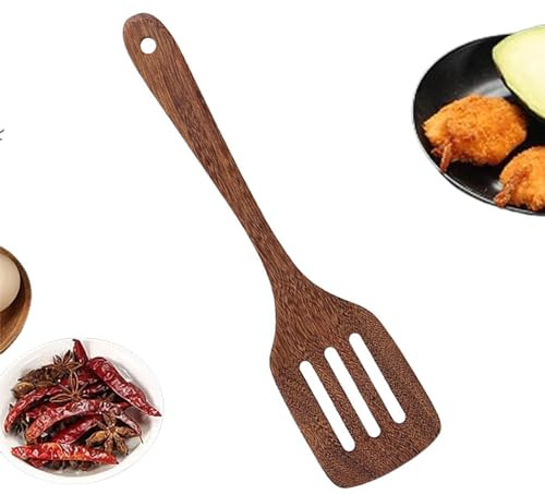 Wooden Slotted Spatula 12 Inches Long Handled Wood Kitchen Flat Spatula Heat Resistant Wood Spatulas for Baking Non Stick Cookware