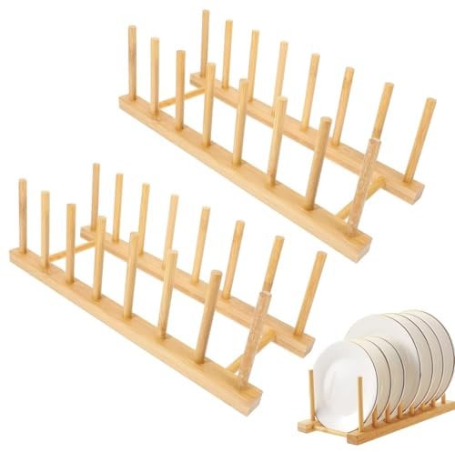 JJiaoLinin Égouttoirs Vaisselle,2 Pcs Support de Rangement en Bambou, 7 Compartiments Rangement Cuisine Egouttoir en Bambou pour Tasses, couvercles de casseroles, Planches à découper, Livres, Les CD
