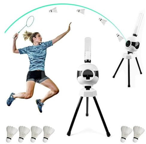 Badminton Aufschlagmaschine, Badminton Trainingsmaschine mit 6 Badminton Tragbare Federball Aufschlagmaschine mit Badminton Ballmaschine für Solotraining Fangbohrer Smash-Training, 15 Ballkapazität