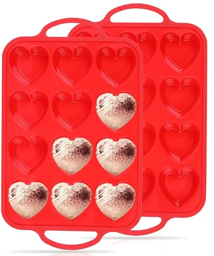 AOTASO 2 Pcs Heart Shaped Muffin Pan for Baking 12 Cup Silicone Heart Cake Mold Nonstick Cupcake Tray with Metal Reinforced Frame (Red)