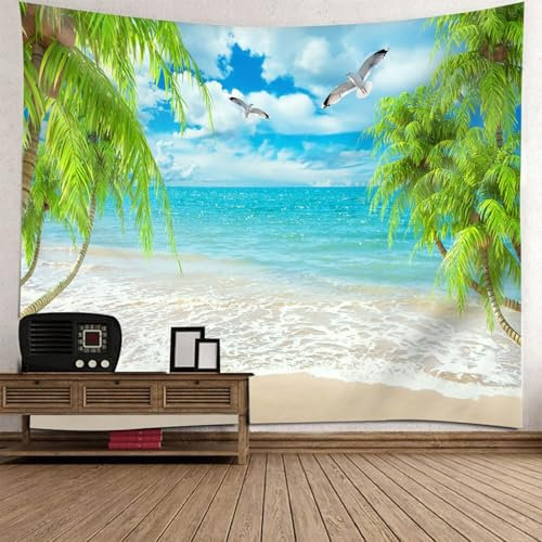 Epinki Tapisserie Wandbehang Blau Grün, Landschaft Natur Wandteppich Meeresufer Kokosnussbaum Dschungel Vögel Tapisserie Polyester Wanddekoration Geeignet für Raumdekoration, 150x130cm