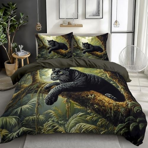 Quixora Bettwäsche 200 x 200 cm Wende Bettbezug Set 3 Teilig, Dunkelgraubraun, Muster Fantasy Regenwald Wildlife Leopard, Weiche Microfaser Bettbezug mit Reißverschluss und 80x80cm Kissenbezug