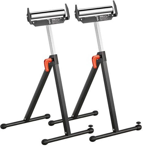 VEVOR 2-Pack Roller Stands, 250 lbs Load Capacity, 27-43 in Adjustable Height, Folding Heavy Duty with Polished Steel Roller Head & Edge Guides, for Table Saw Outfeed Woodworking Extension Support