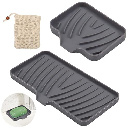 2 Pcs Soap Dishes with 2 Foaming Soap Bags, VEGCOO Silicone Soap Dish Soap Box Soap Case Soap Container Soap Tray with Drainage, Self Draining Soap Holder for Shower Bathroom Kitchen Toilet (Grey)