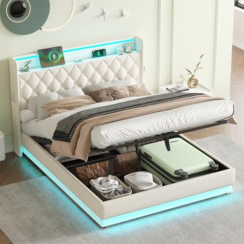 Upholstered Bed Frame with Hydraulic Lift & Storage Headboard, 4ft6 Double Bed Frame with LED Lighting & Charging Station, Linen Functional Ottoman Storage Bed, Metal-Wood Support, No Mattress, Beige