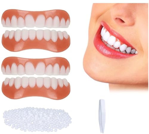 2 Paia Faccette Denti Sorrisi Cosmetici, Sicuro e Confortevole Dente Provvisorio Superiore e Inferiore con Perline di Riparazione per Uomini e Donne La Riparazione Temporanea di Problemi Dentali