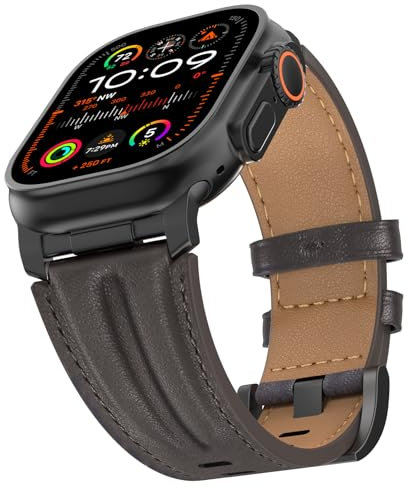 Bouixel Correa de piel compatible con Apple Watch 49 mm 46 mm 45 mm 44 mm 42 mm, correa de piel auténtica con conector de metal para iWatch Ultra Series 10 9 8 7 6 5 4 3 2 1 SE