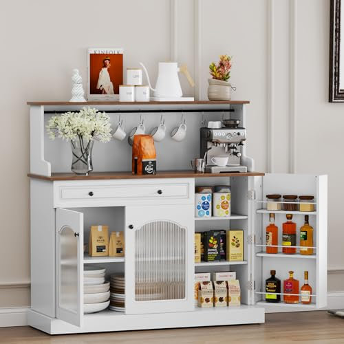 HOLTICO Kitchen Pantry Cupboard, Kitchen Microwave Cabinet with Drawer and Top Shelf, Coffee Station Cabinet White Storage Sideboards for Living Room, Dining Room