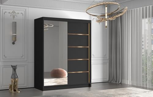 Gaba furniture Gold Series 150 cm Sliding Door Black Wardrobe with Mirror Widths 100/120/150/180/200/250 cm Furniture for Bedroom Living Room Wardrobe with Hanging Rail