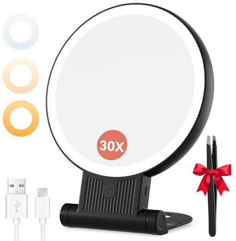 Auxmir Espejo Maquillaje con Luz 1X/30X Aumento Recargable y Colgable Pared | Doble Cara, 72 LEDs 3 Colores y Brillo Regulable, 2000mAh, Mango Plegable, Compacto para Mesa y Viaje, con USB-C, Negro