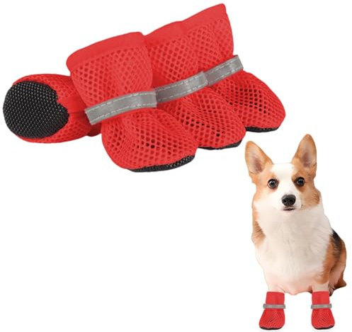 Sommer Mesh Hunde Schuhe, 4 Stück Atmungsaktive Pfotenschutz Hundeschuhe Anti-Rutsch Hundeschuhe für heiße Sommerböden, Sommer Verstellbarem Hundestiefel fürkleine Hunde (Rot, XL)