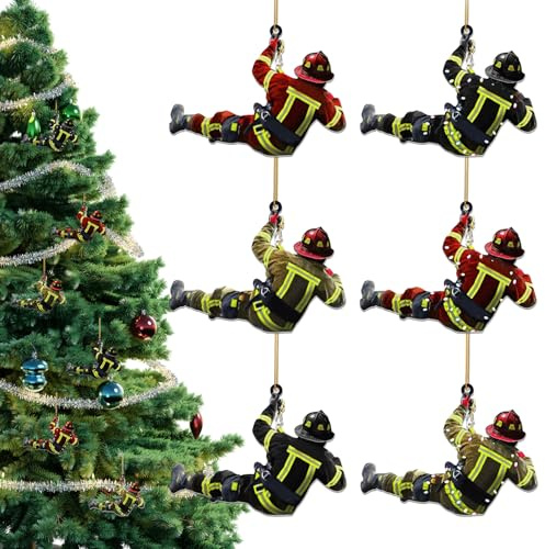 SPERMUOY Feuerwehrmann Weihnachtsbaumschmuck,6 Stück Weihnachtsbaum Feuerwehrmann Acryl Ornamente Weihnachtsbaum Feuerwehrmann,Acryl Feuerwehrmann Anhänger für Wandfenster, Baum, Auto Rückspi