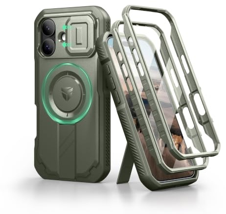 Dexnor para Magnética Funda iPhone 17 con Cubierta Corredera para Cámara y Soporte Ajustable y Protector de Pantalla Incorporado, Protección Carcasa Antigolpes Robustas - Militar Verde