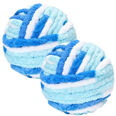 2 Roll Dicke Wolle Garn 500g 54m, XXL Soft Chunky Yarn zum Handstricken | 2CM Sperrige Armstricken Wolle zum Häkeln von Kissen Decken Schals Puppen Taschen Teppiche Mützen Haustierbetten (Blau Weiß)