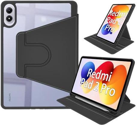 idudao Custodia Cover per Xiaomi Redmi Pad 2 Pro 12,1 pollici 2025,360 rotazione multi-angolo trasparente Indietro Case per tablet con portapenne, Nero