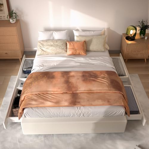 Oyajia Polsterbett, Leinen, 140 X 200 cm, Weiß, Ohne Kopfteil, 4 Holzschubladen Bettgestell Bed Frame Bett Gestell Schlafzimmer Set Jugendbetten Bettrahmen