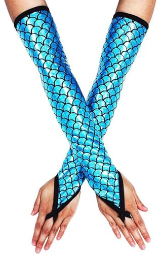 Fingerlose Handschuhe Damen Meerjungfrau Einheitsgröße Handschuhe Glänzend Fischschuppen Gedruckt Lange Armstulpen für Mottoparty, Unterwasserwelt, Karneval