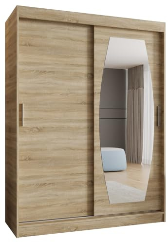 Kryspol - Kleiderschrank mit Spiegel - Schwebetürenschrank - Kleiderschrank 150 cm Breit x 200cm(H) x 62cm(T), 2 Türen, Laminierte Möbelplatte, Schiebetürenschrank Rossa 150, Farbe Sonoma Eiche