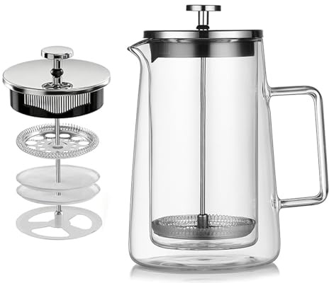 AXVRAV 1 Liter French Press mit Thermo Doppelwand Design aus Glas, Hitzebeständig Kaffeepresse mit 4-stufiger Filtration, Kaffeemaschine Glas für Kaffee auch für Tee