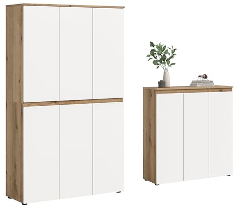 furnling Universalschrank-Set Sarca, weiß/Evoke Oak, 9 Türen, 28 Fächer, mit Kleiderstange, Mehrzweckschrank-Set mit 22 verstellbaren Einlegeböden, Breite 235 cm