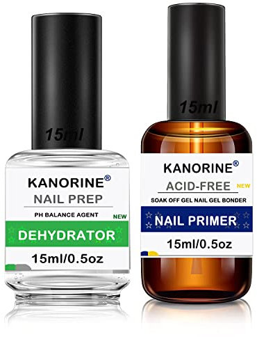 KANORINE Primer Ongle Vernis Semi Permanent et Nail Déshydrateur Set pour Gel Acrylique Polygel Gel UV Vernis à Ongles Nail Prep Manucure,Protéger Ongles Naturels Air Dry 15 ml*2 pcs