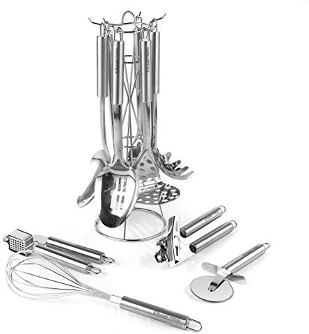 Russell Hobbs COMBO-2096 Stainless Steel Kitchen Utensils – 10 Piece Set & Holder, with Ladle, Spaghetti/Slotted/Solid Spoons, Spatula Turner, Masher, Pizza Cutter, Whisk, Garlic Crusher, Can Opener