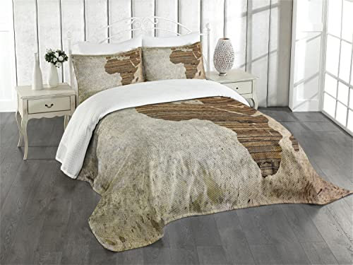 ABAKUHAUS afrikanisch Tagesdecke Set, Hölzerne Planke-Afrika-Karte, Set mit Kissenbezug Weicher Stoff, für Einzelbetten 170 x 220 cm, Umbrabraun Braun Tan