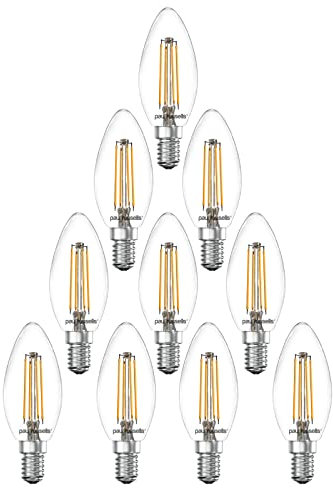 paul russells LED Candle Filament Light – 4.5W 40W Equivalent Replacement, 470LM Lumens, 2700K Warm White, SES E14 Small Edison Screw C35 Bulbs – Bright Energy Saving Non-Dimmable Lamps - Pack of 10