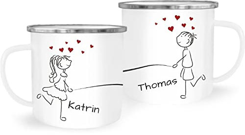 SpecialMe® Emaille-Tasse mit Namen Liebes-Paar Strichmännchen Motiv personalisierbar Liebesgeschenke Valentinstag Weihnachten (1 Tasse) Variante 3 weiß-metall Emailletasse