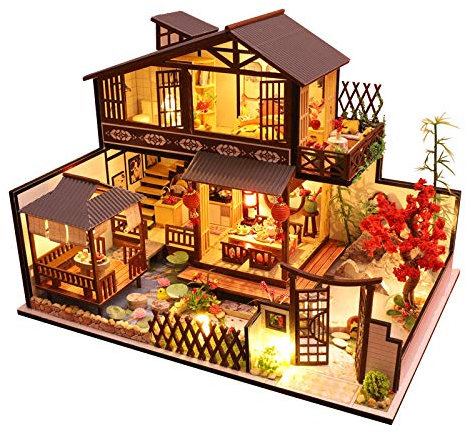 Miniatura Casa delle Bambole Cortile Mobili Led Accessori Luce 3D Fatto a Mano Modello di Legno Giapponese Puzzle Kit Bambino Regalo di Compleanno