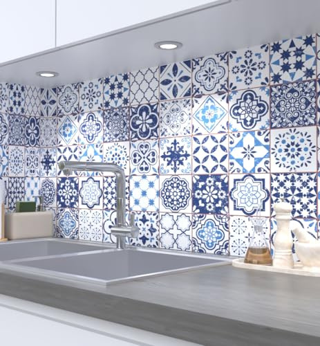 MyMaxxi Küchenrückwand selbstklebend – Matte, 0,4 mm Premium Spritzschutz Folie als günstige Alternative zu Glas, einfache Montage & leichte Reinigung – Motiv: Retro Blaue Fliesen B 220 cm x H 60 cm