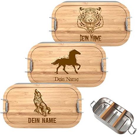 Generisch Brotdose mit Namen personalisiert 700ml, Lunchbox mit Tier Motiv und Namen aus Metall mit Bambusdeckel