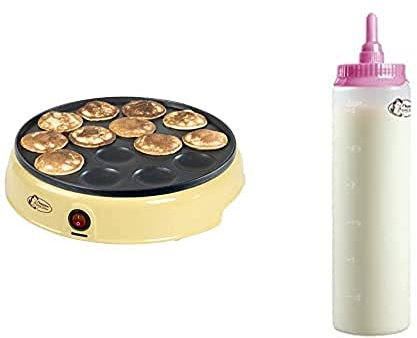 Bestron Poffertjes Maker, inkl. Teigportionierer für 700ml mit Skala, Ideal zum Befüllen des Poffertjes-Geräts, Farbe Gerät: Gelb, Teigflasche: Weiß