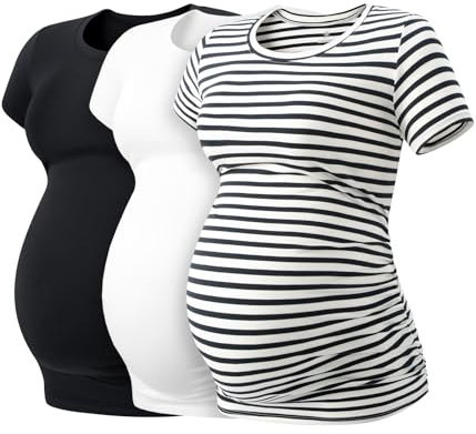LAPASA Lot de 3 T-Shirts de Maternité Femme Vêtements de Grossesse Maillot de Corps Enceinte Manches Courtes L55 1 Noir, 1 à Rayures Bleu Marine, 1 Blanc Cassé M
