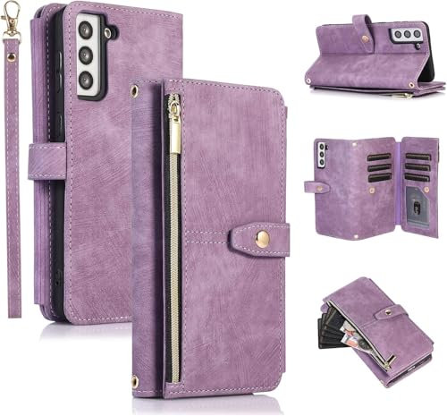 UEEBAI Hülle für Samsung Galaxy S21 5G, 9 Kartenfäche Retro Leder Geldbörse Stoßfest Flip Case mit Handschlaufe Standfunktion Reißverschluss Handyhülle Magnetverschluss Wallet– Retro Lila