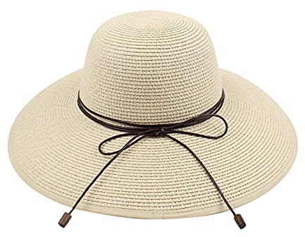 Generic Stroh Sonnenhut für Frauen, Damen Sonnenhut Faltbarer Floppy-Strohhut mit breiter Krempe und schöner Schleife, Summer Beach Outdoor-Hut UV-Schutz UPF 50-Hut, Beige, Einheitsgröße